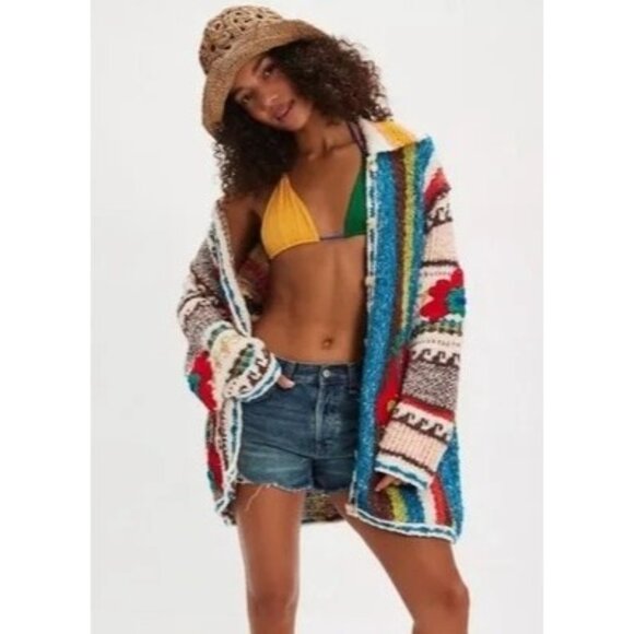 Free People Terry Towel Cardigan Womens M Grandma Vintage Whimsical Boho Hippie - Picture 2 of 9